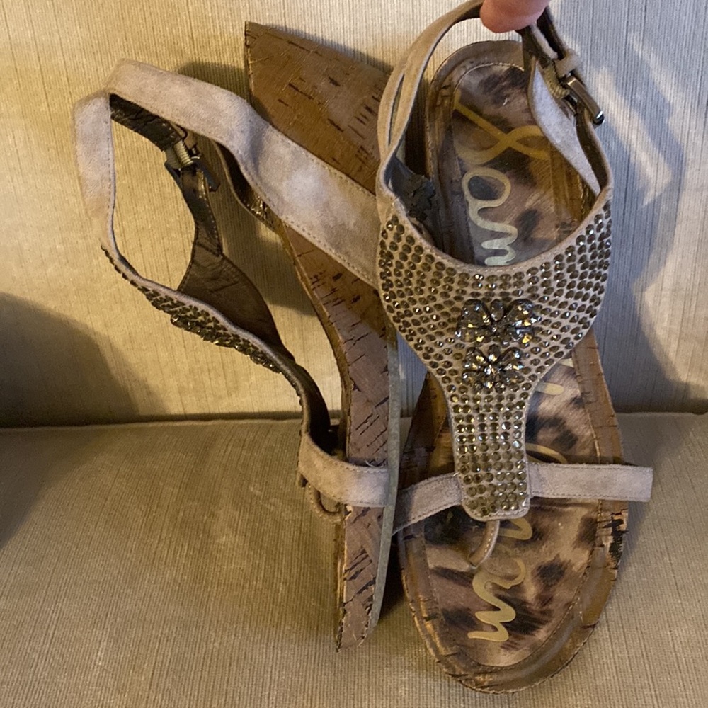 Sam Edelman wedges sz 10 M bling on top adjustable straps tan leather